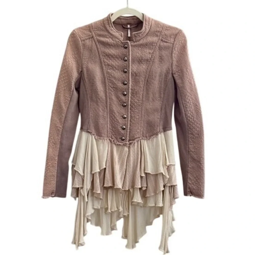 Free People Victorian Military Jacket Ruffle Mauve Steampunk Grunge Distressed 0